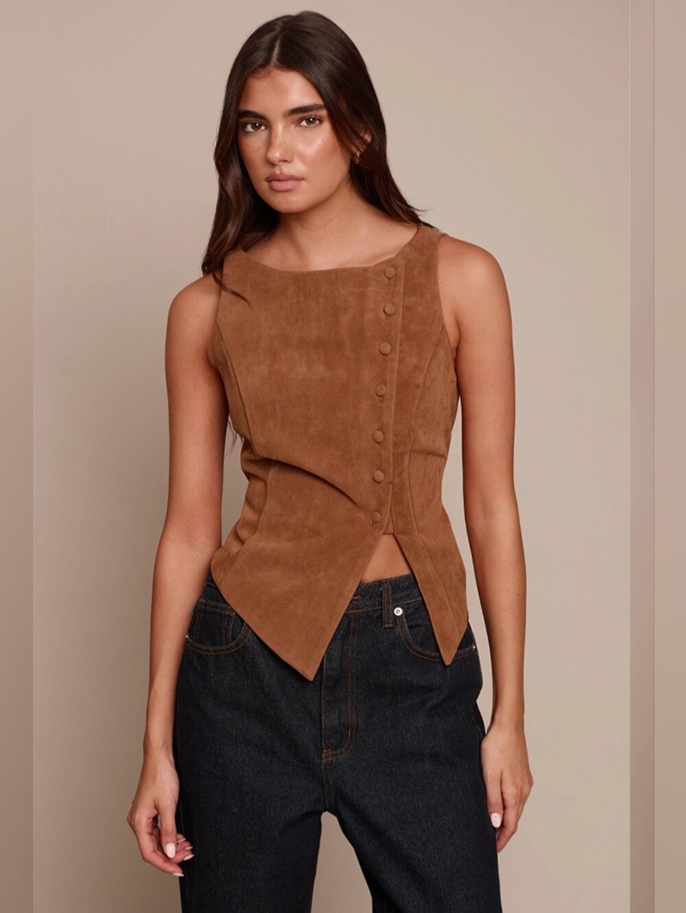 NWT PrettyLittleThing Camel Suede Button-Front Sleeveless Vest Top